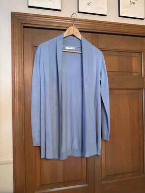 Mango Light Blue Ribbed Trim Open Front Viscose Blend Cardigan